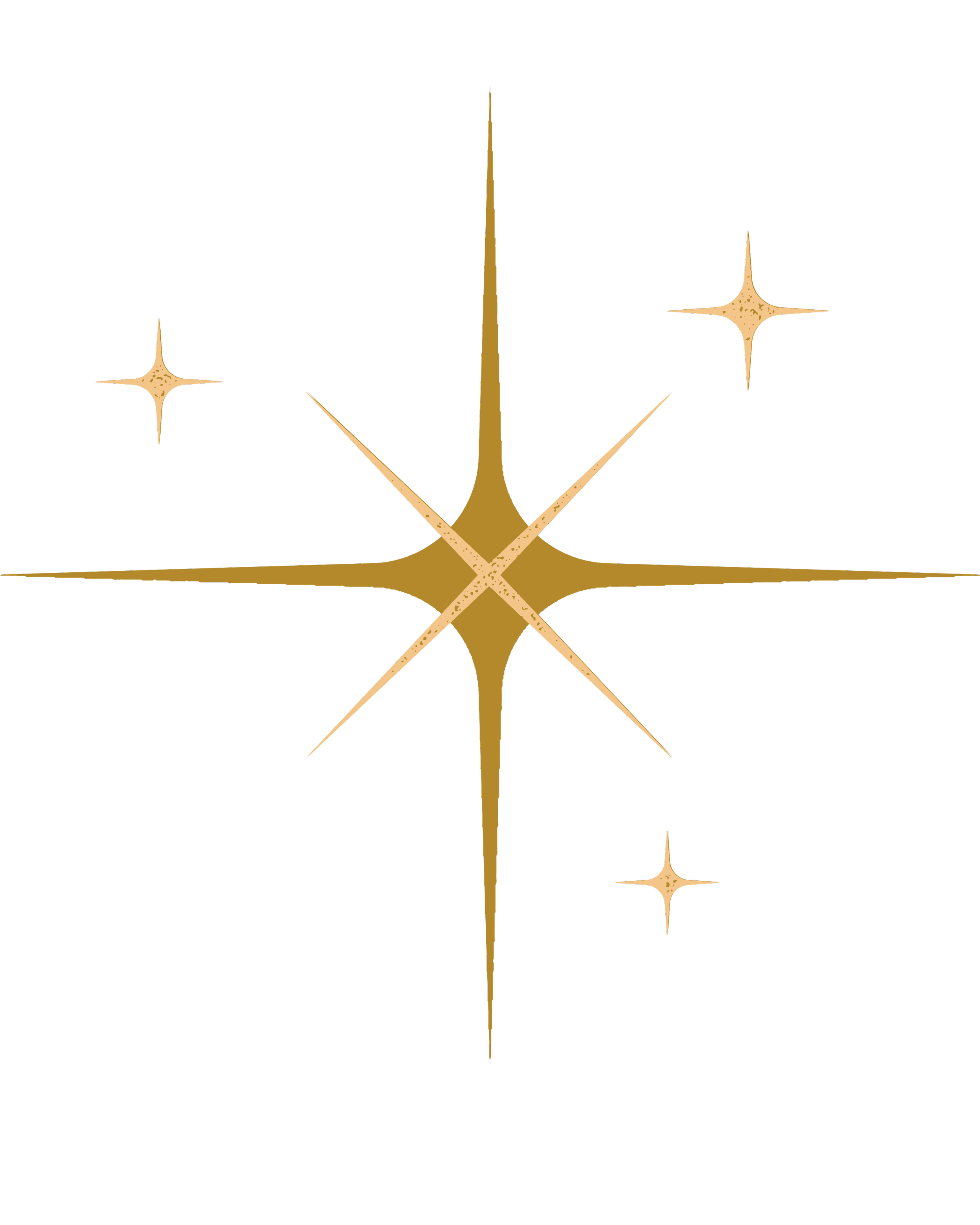 A gold starburst design with two smaller stars on a black background.