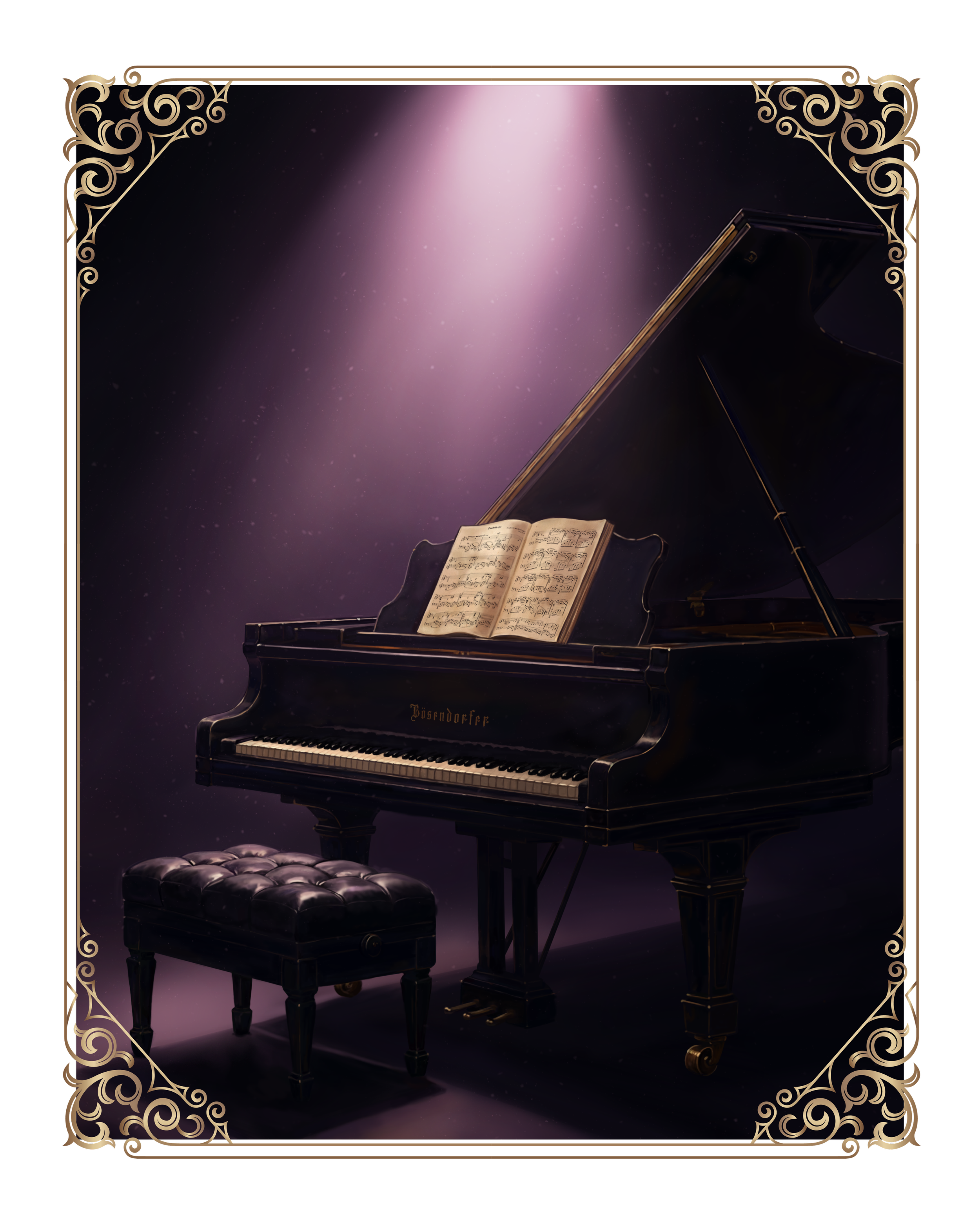 Grand piano painting with purple spotlight