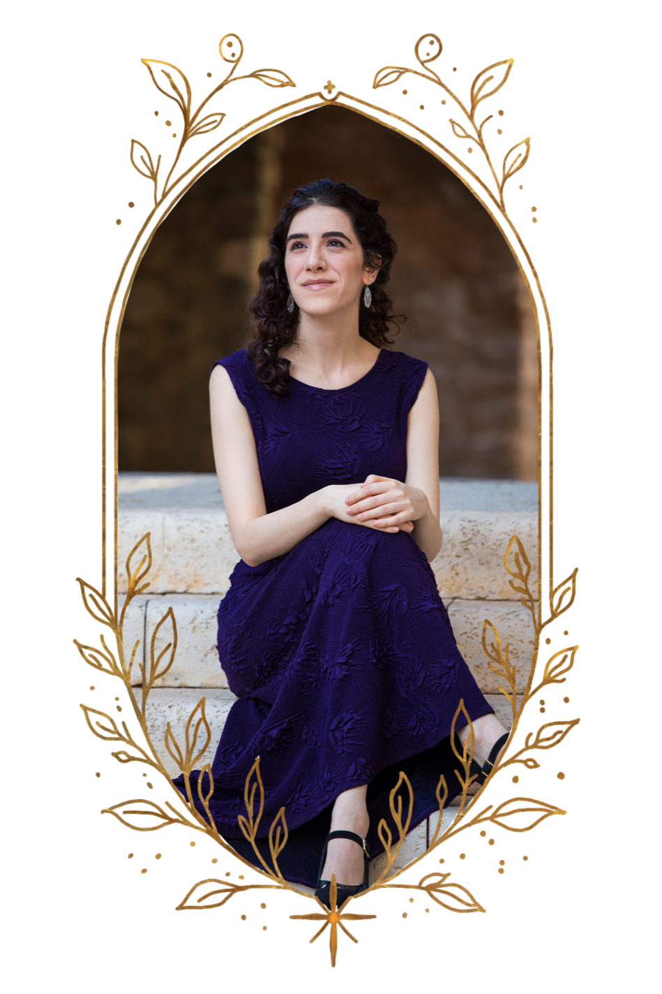 Portrait of  Adi Denner seated on stone steps, wearing a deep purple dress and smiling.
