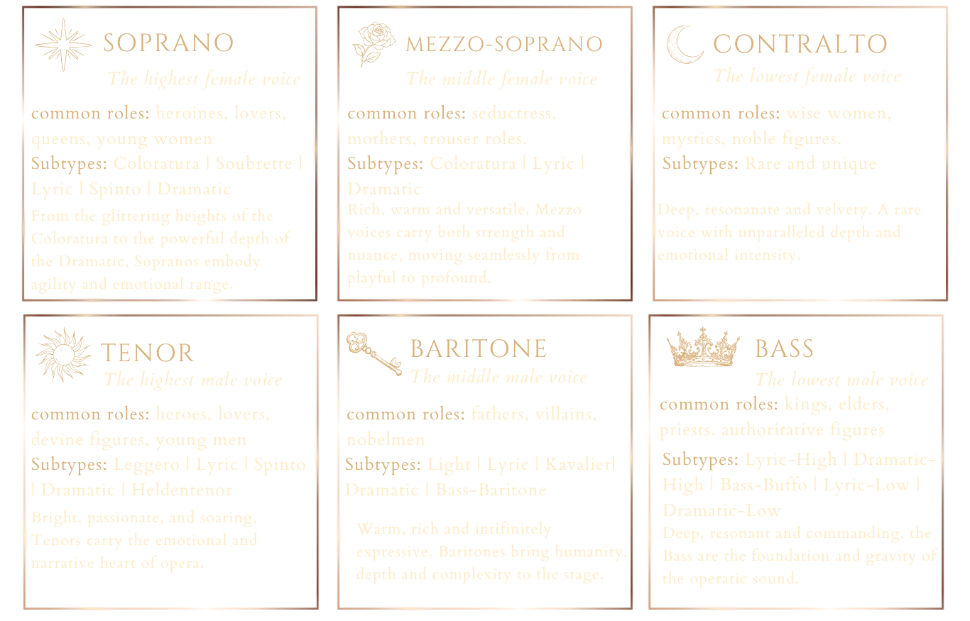 Overview chart comparing the six principal operatic voice types: soprano, mezzo-soprano, contralto, tenor, baritone, and bass.