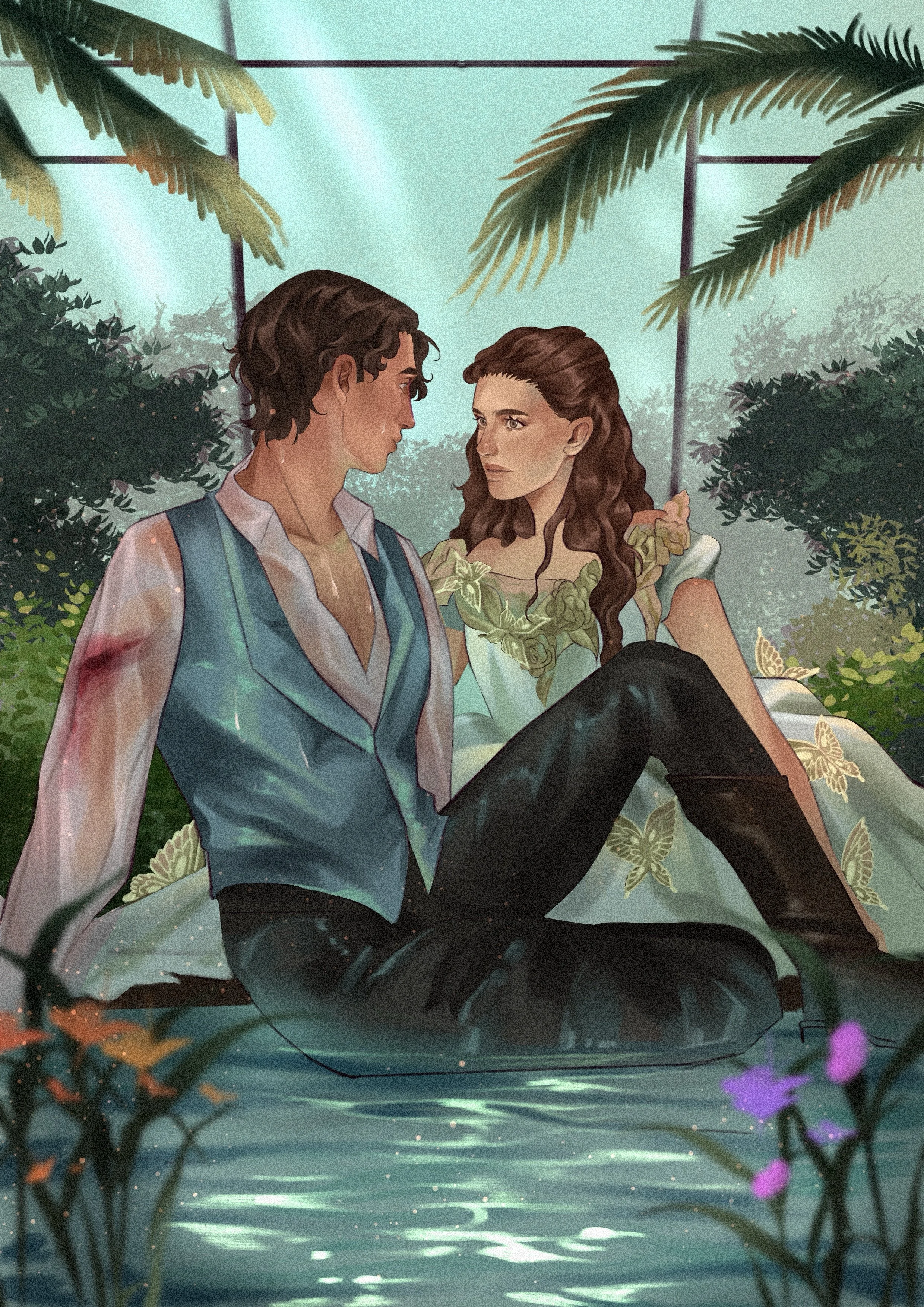 A digital illustration of a man and woman sitting close together, looking into each other's eyes in a lush, green, tropical garden with plants and palm leaves, with a reflective water surface in the foreground.