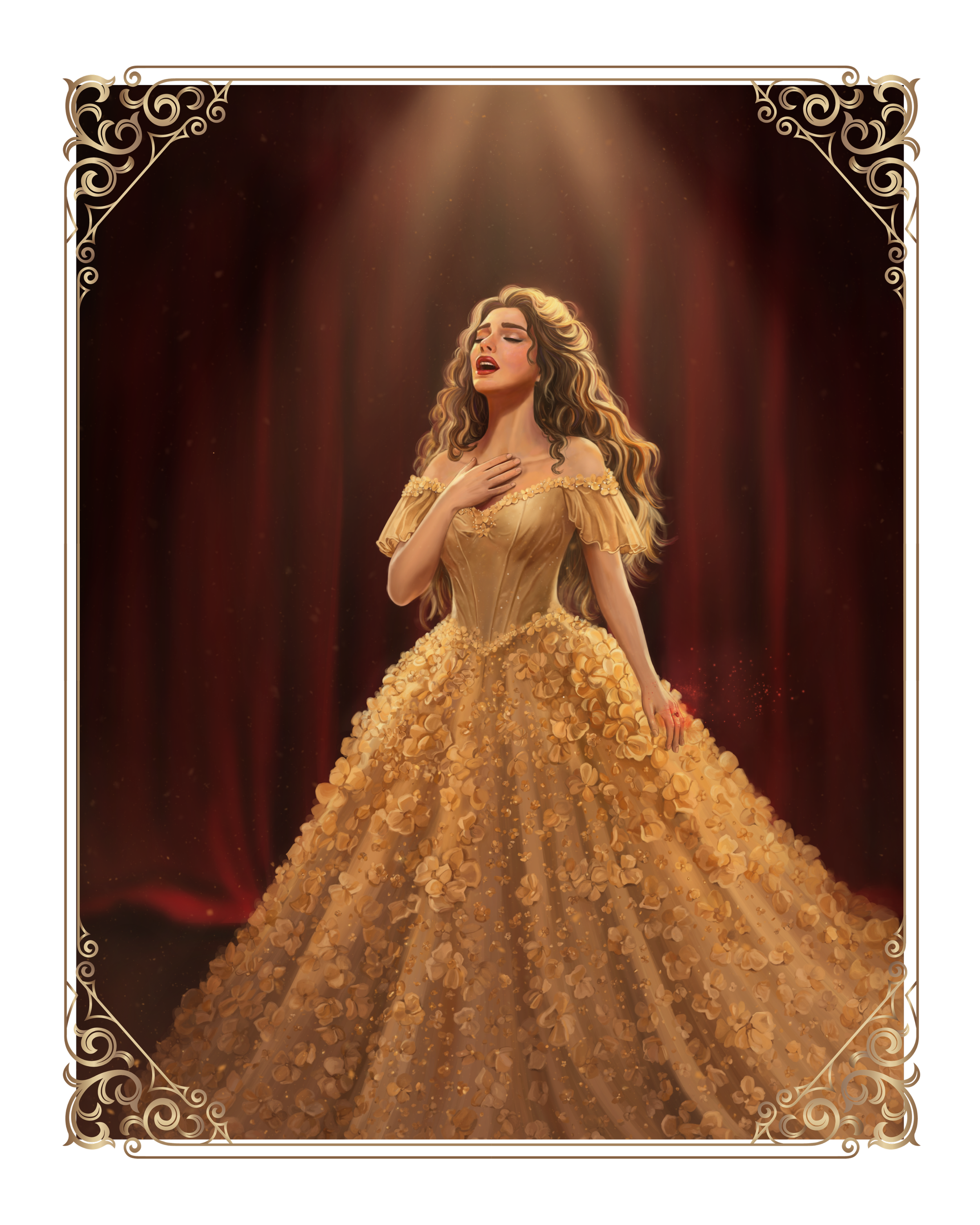 Painting of Cleodora from The Kiss of the Nightingale in a golden floral gown performing beneath a spotlight on a stage framed by crimson curtains.