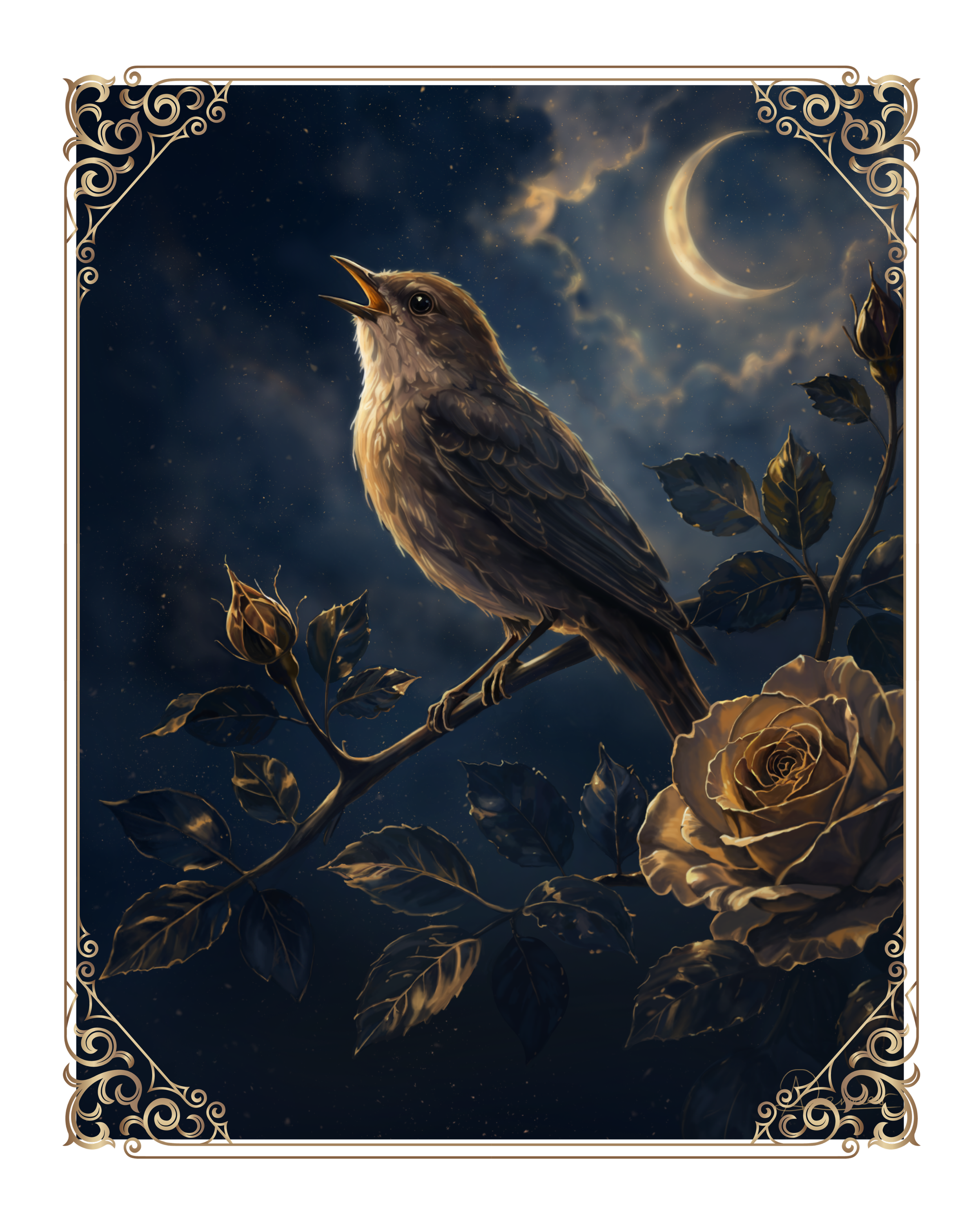 Fantasy painting of a nightingale perched among dark roses beneath a crescent moon, singing against a deep blue night sky.