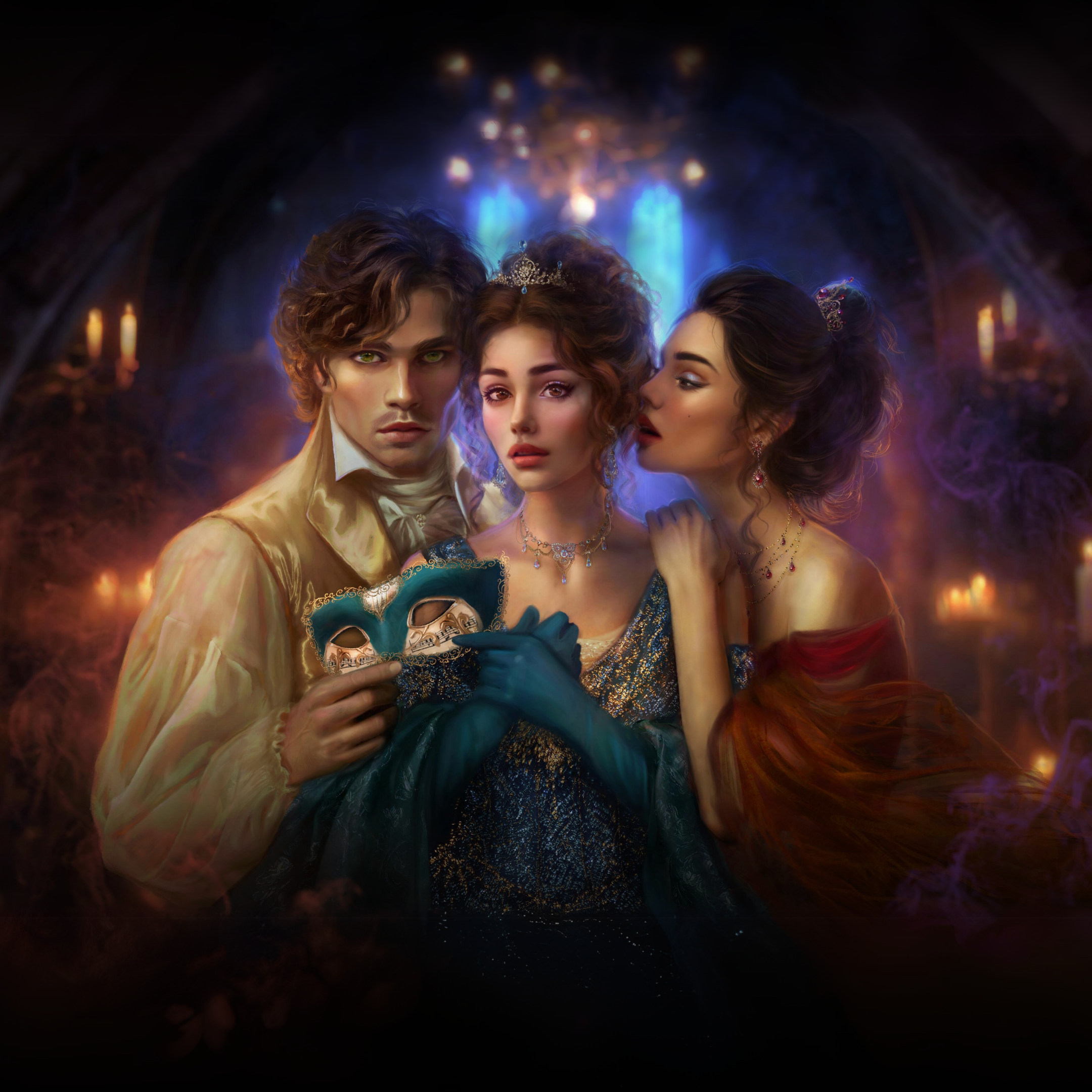 Three young women in elegant attire with jewelry and crowns, standing close together in a dimly lit setting with blue and purple lighting and a chandelier overhead.