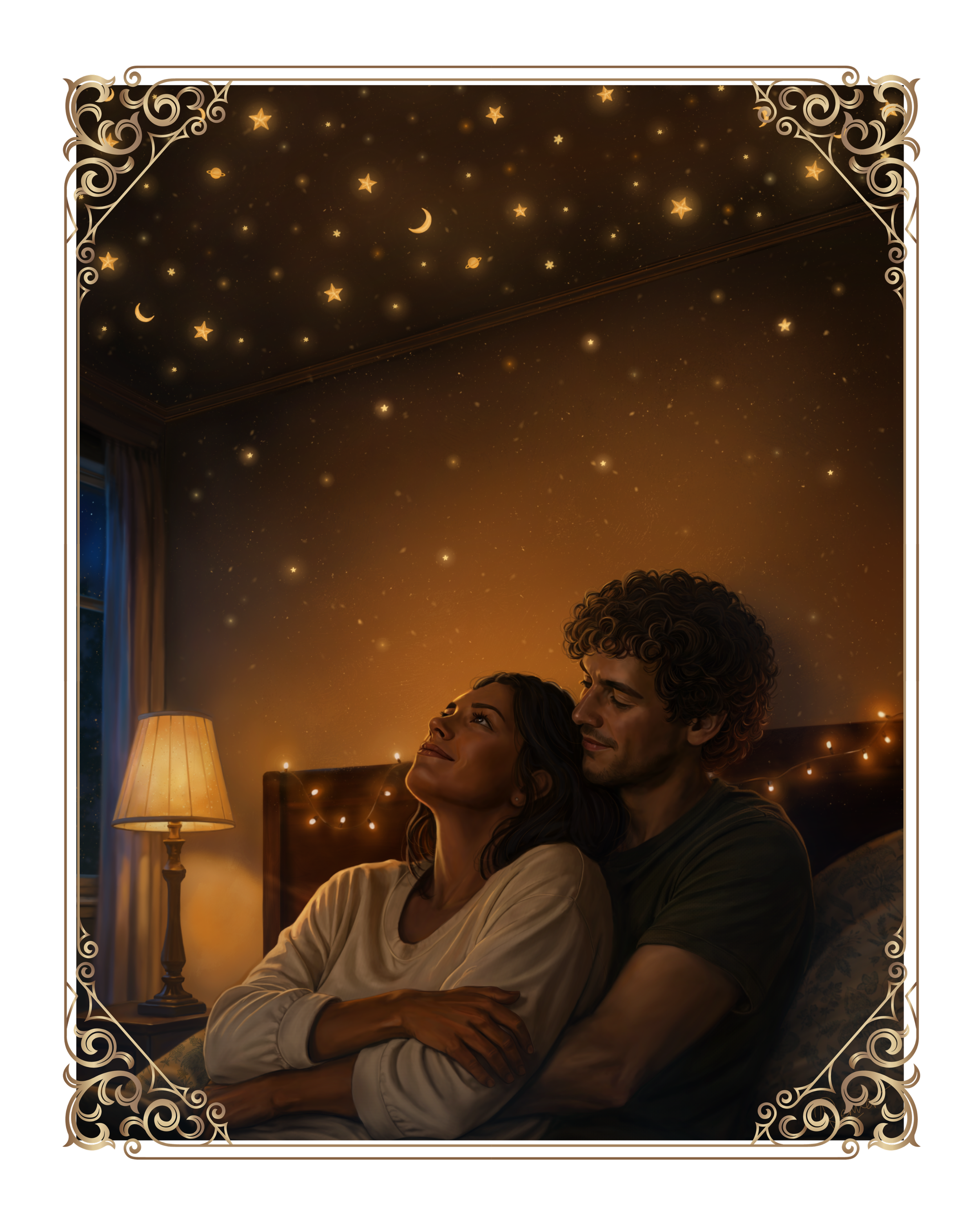 Commissioned artwork for Jessica Lepe's Bad Idea, Right? depicting a couple embracing in bed while glow-in-the-dark stars and crescent moons shine across the ceiling above them.