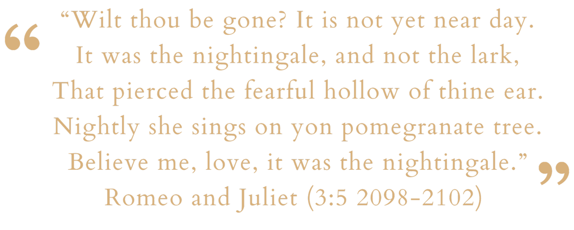 ‘Wilt thou be gone? It is not yet near day. It was the nightingale, and not the lark, that pierced the fearful hollow of thine ear. Nightly she sings on yon pomegranate tree. Believe me, love, it was the nightingale.’ — Romeo and Juliet