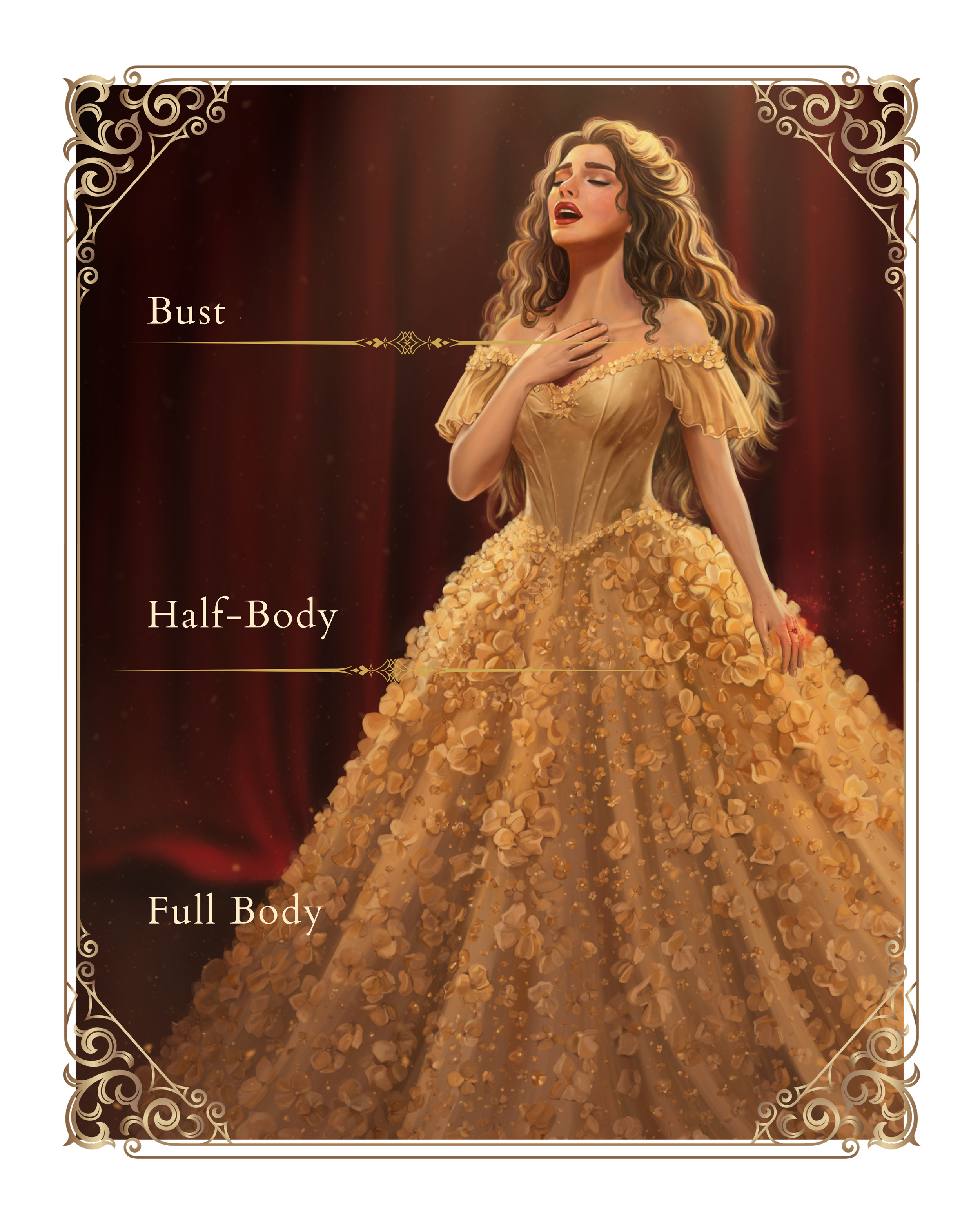 "Fantasy artwork of a singing woman in an ornate gold gown, used to illustrate bust, half-body, and full-body commission sizes.