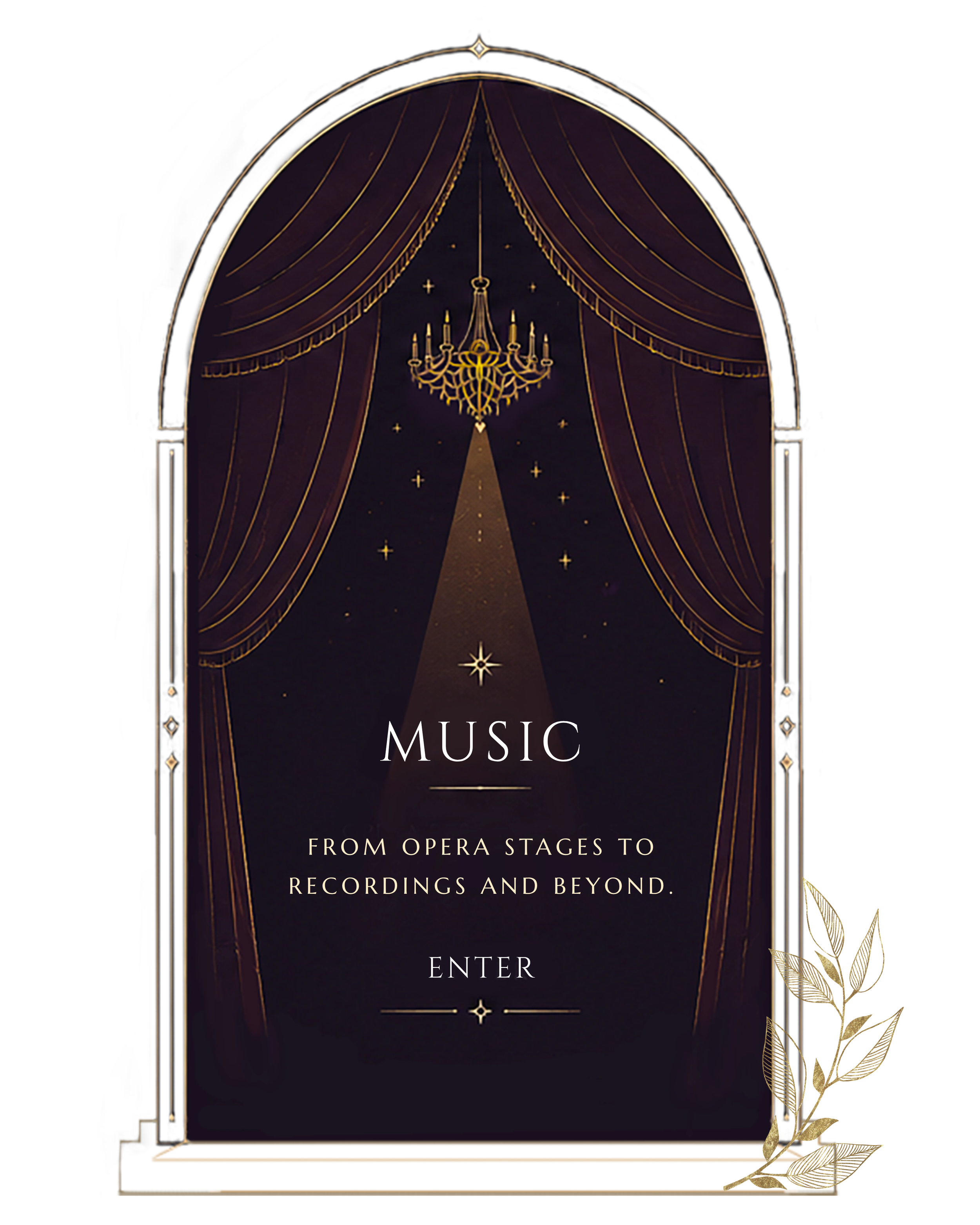 Music — From opera stages to recordings and beyond. Illustration of a theater stage with red curtains and a chandelier spotlight. Click to explore Adi Denner's music.