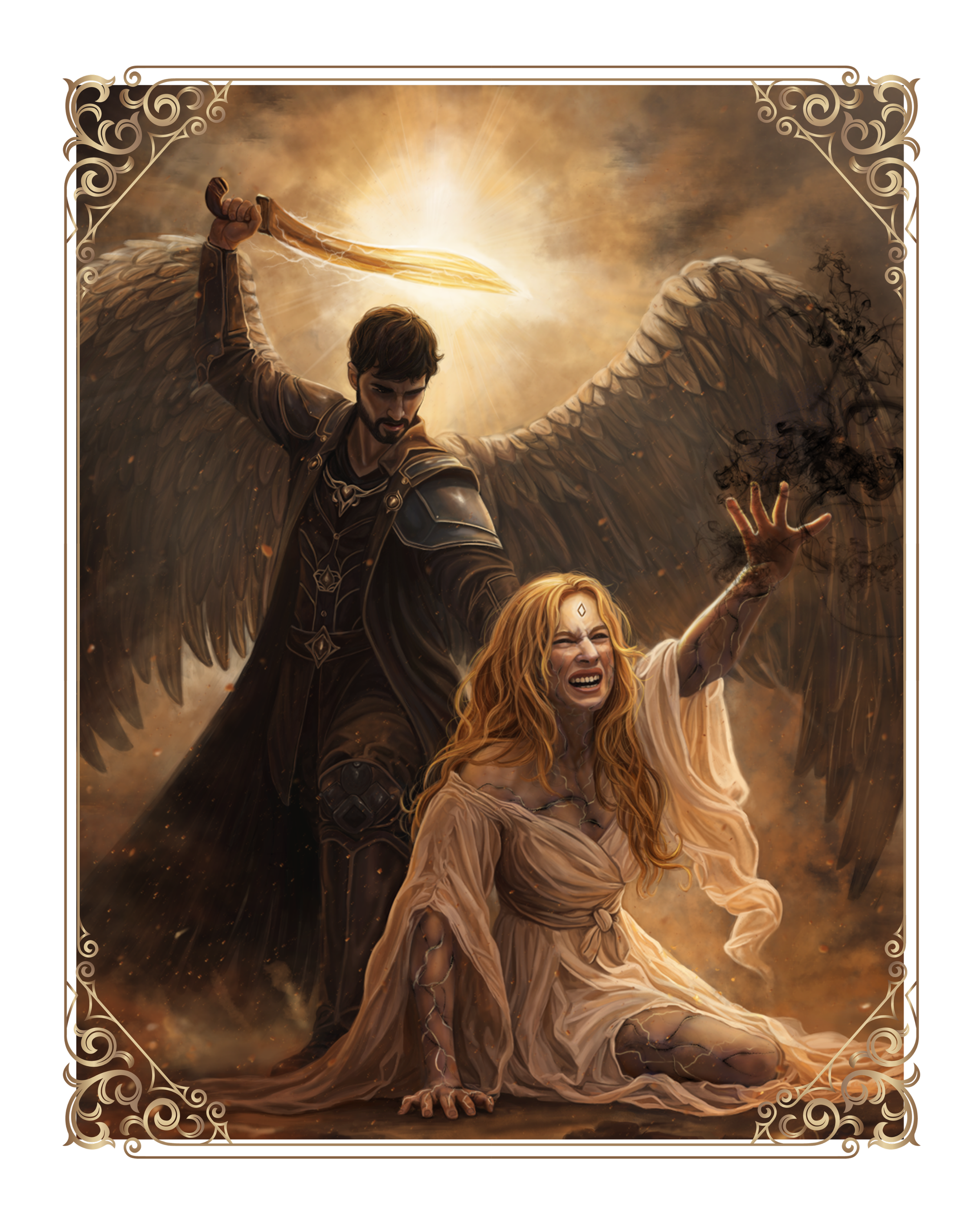 A dramatic fantasy scene depicting a winged warrior confronting a fallen woman amid light, shadow, and swirling magic.