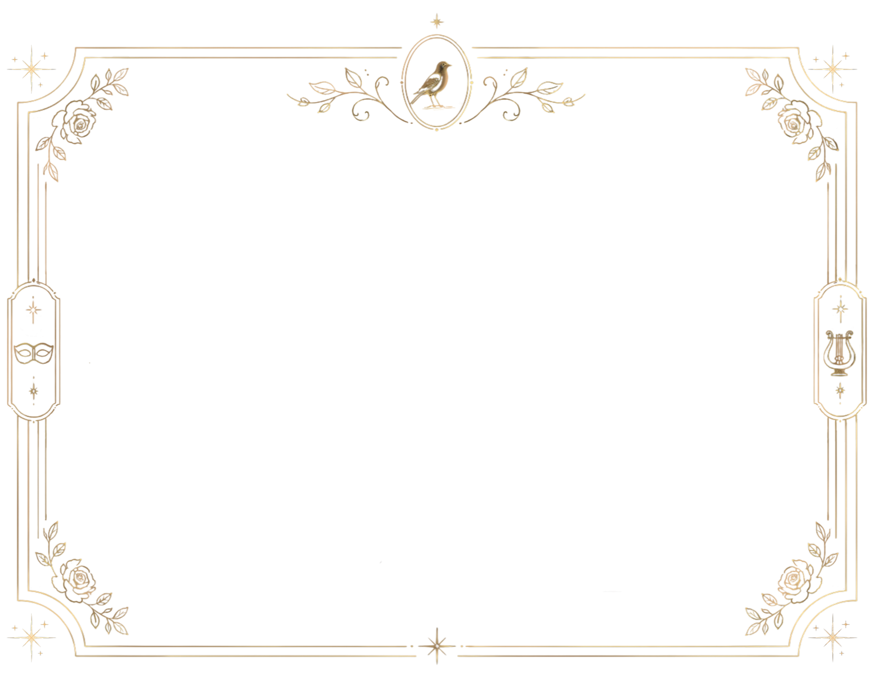 Decorative border with gold floral accents, a neck and a bird, framing a blank brown space.