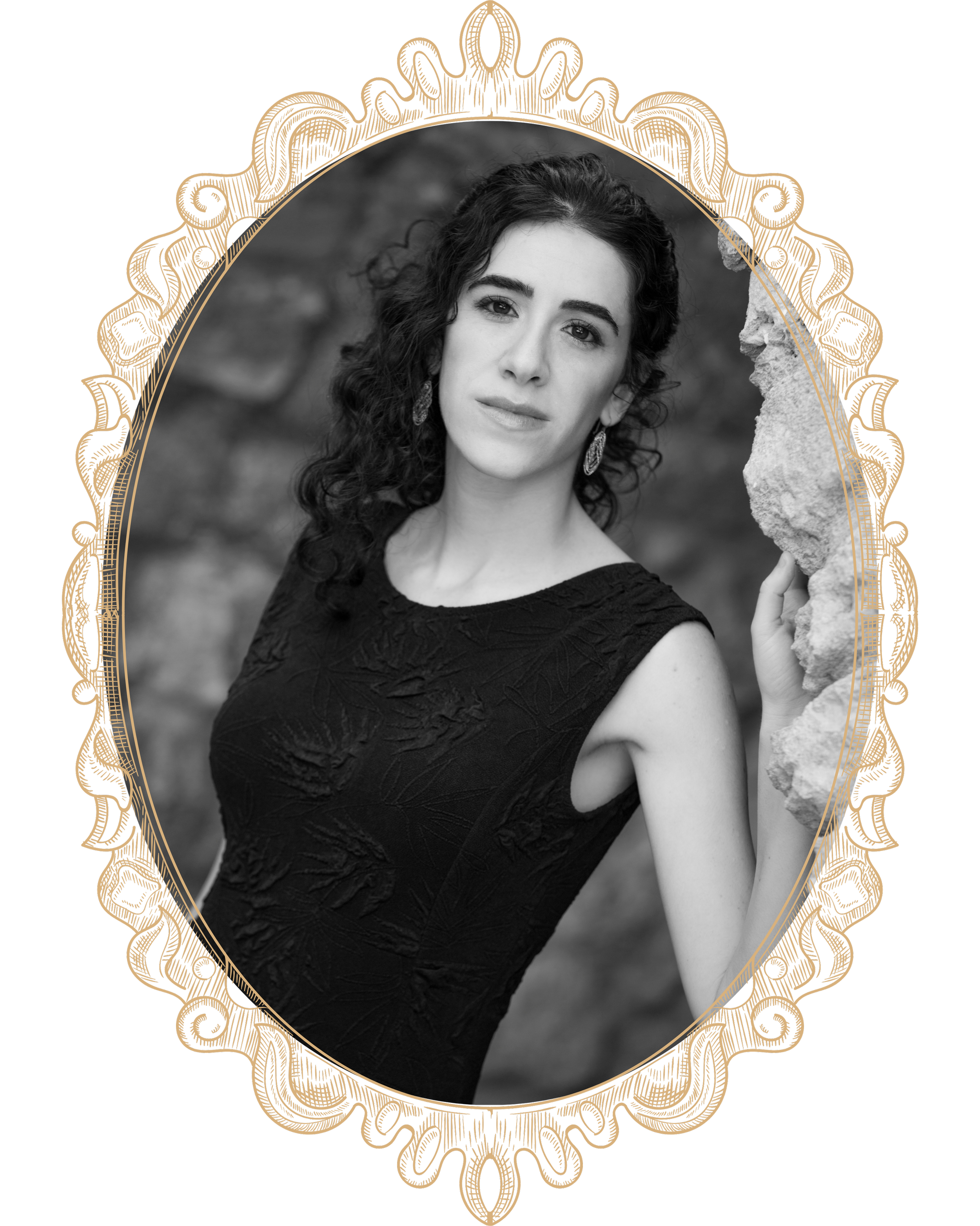 Black-and-white portrait of soprano and librettist Adi Denner framed in an ornate gold oval, wearing a sleeveless dress and looking toward the camera.