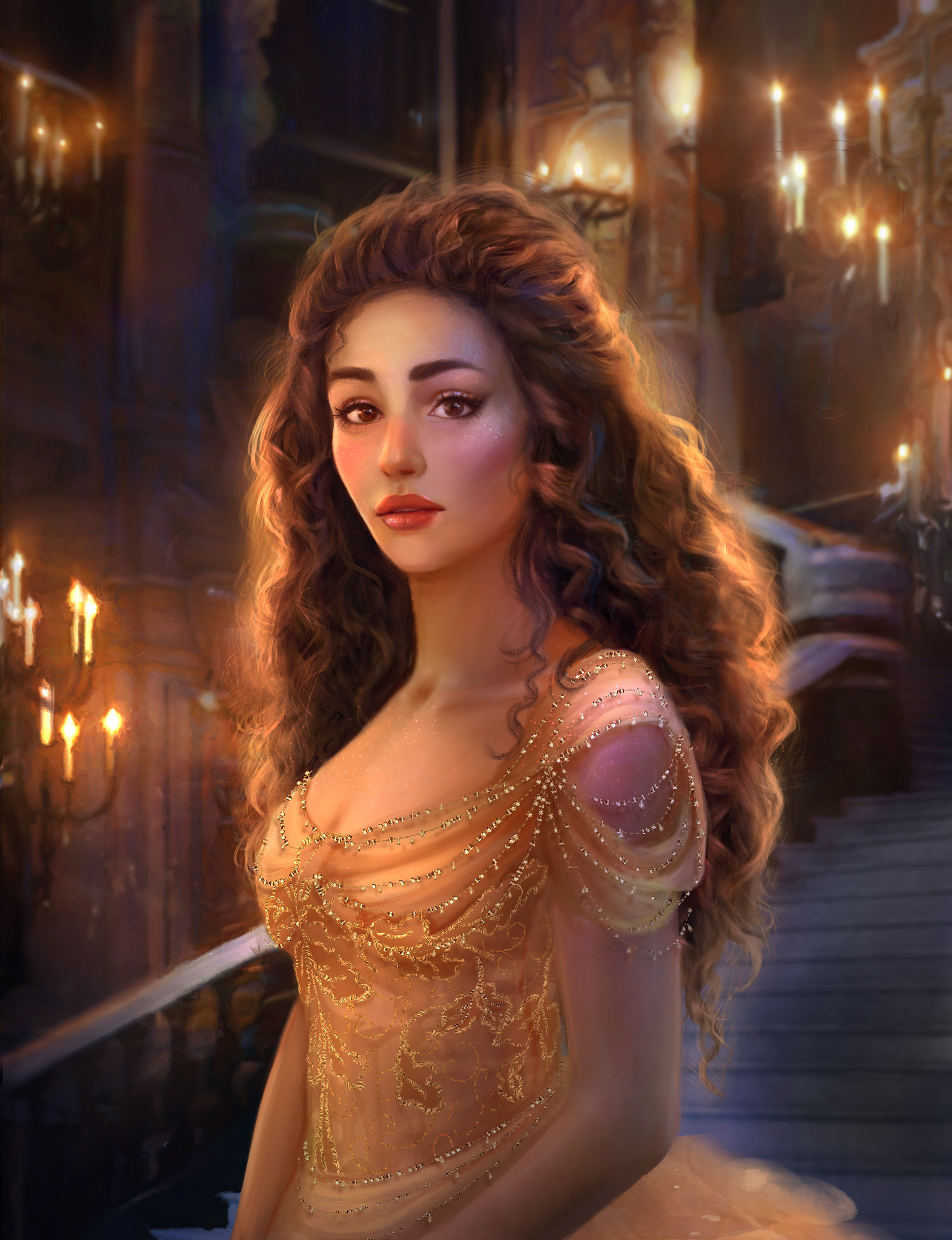 The main character of The Kiss of the Nightingale Cleodora, with long, curly brown hair , wearing a gold, beaded gown with intricate embroidery. She stands in a dimly lit opera house with warm, glowing candles creating a soft ambiance.