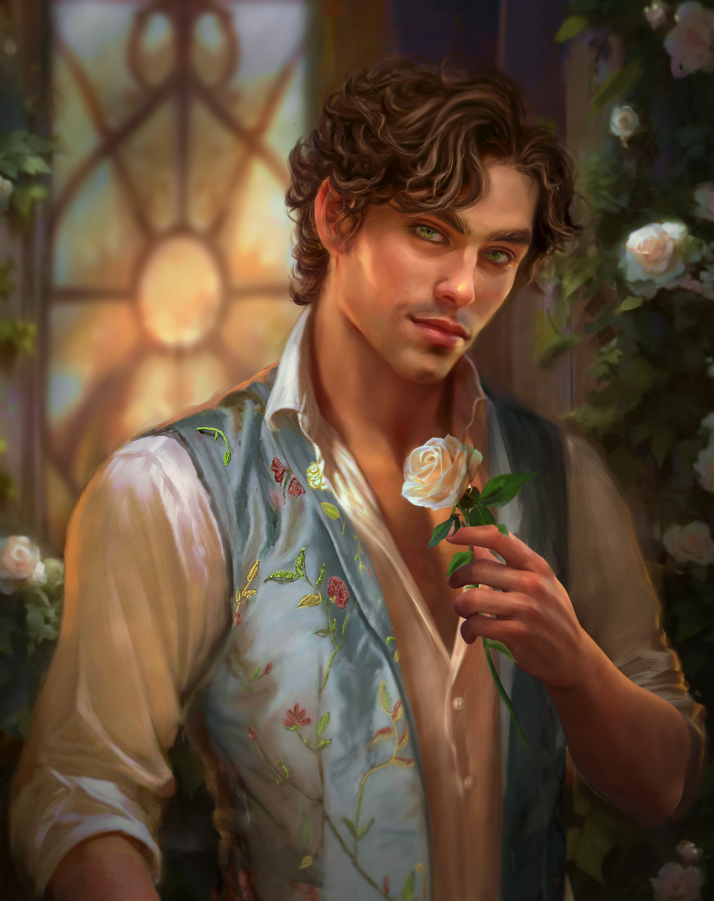 Vicomte Lenoir from The Kiss of the Nightingale, with curly brown hair, green eyes, and light skin, wearing a embroidered vest, holding a white rose, standing in front of a stained glass panel and surrounded by green foliage and white flowers.