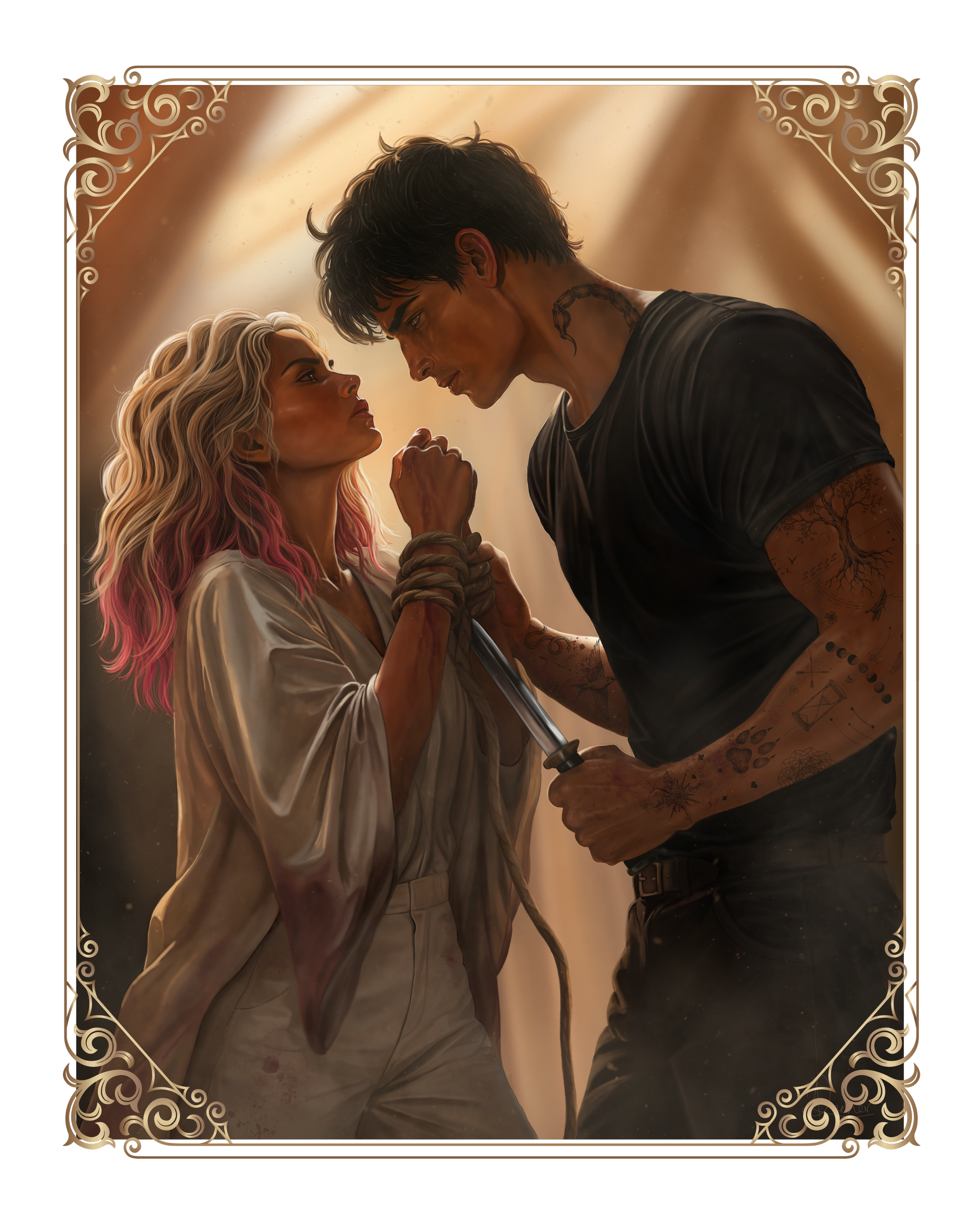 Commissioned artwork for L. R. Mazur's Where the Stars Ignite, depicting a bound young woman confronting a tattooed man holding a knife beneath warm golden light.