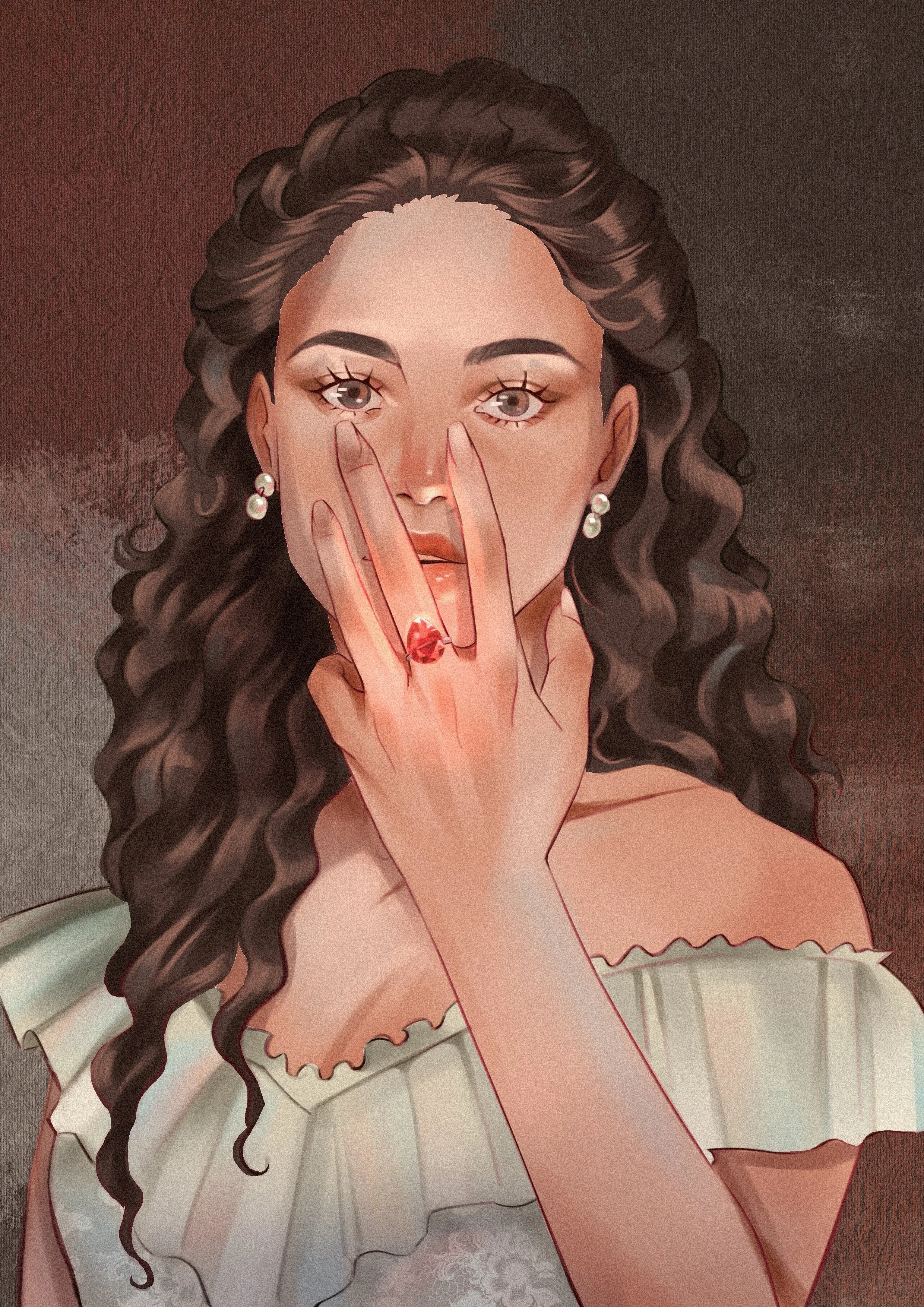 Digital illustration of a woman with long, curly brown hair, wearing pearl earrings and a light-colored dress with ruffled details, touching her face with one hand and gazing at the viewer.
