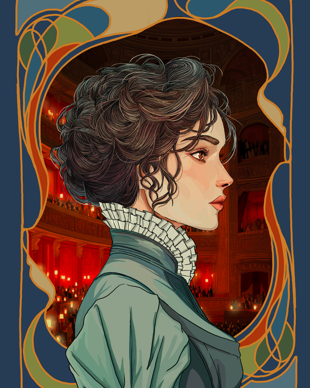 Digital illustration of the main character of The Kiss of the Nightingale Cleodora with curly hair in a theatrical setting with red curtains and audience, framed by decorative patterns.