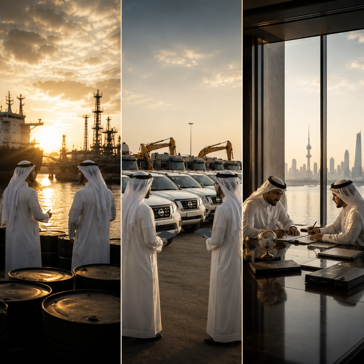 Three parts showing men in traditional Middle Eastern attire at a waterfront, with oil tankers and industrial equipment during sunset, trucks and construction machinery in a parking lot, and two men in an office with a city skyline and a tower visible through large windows.