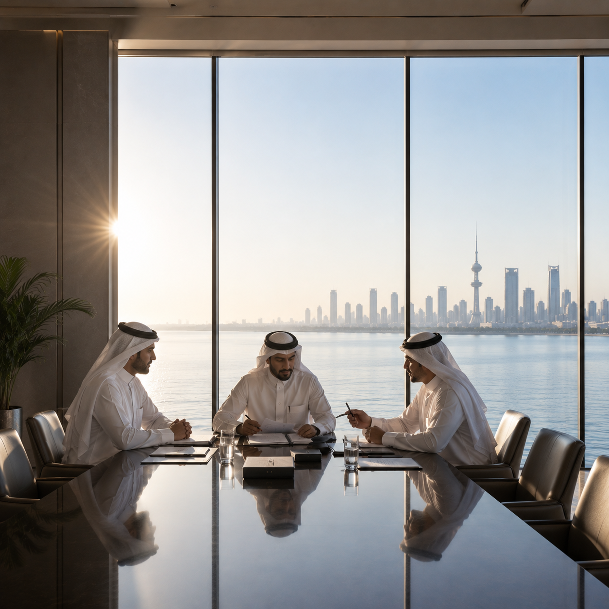 Three men in traditional Middle Eastern attire sitting at a conference table in a modern office with large windows overlooking a city skyline and water, with a prominent tower in the background.