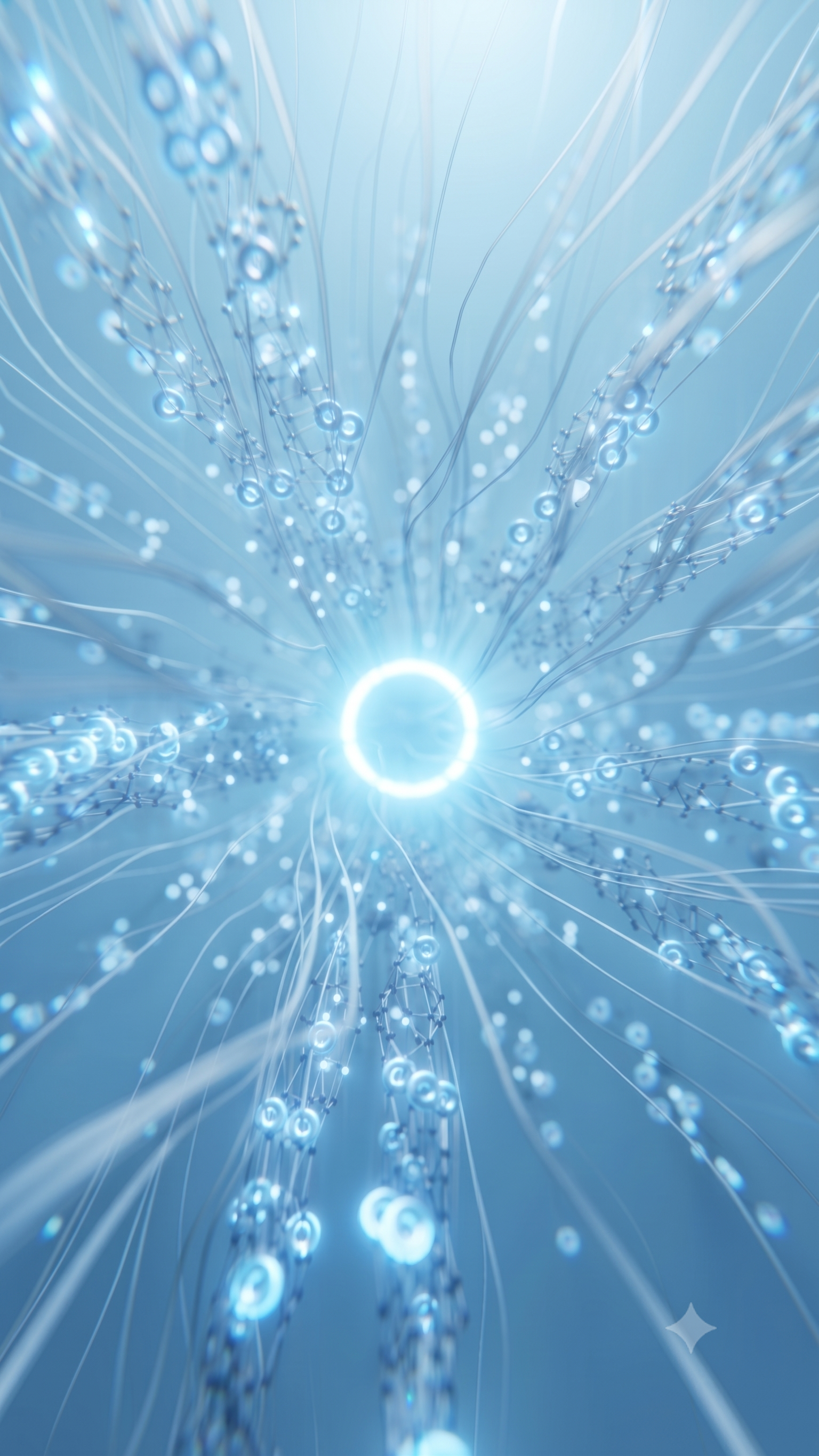 Représentation numérique abstraite avec de nombreux fils et boules lumineuses bleues, évoquant des connexions ou des réseaux, avec un point lumineux central au fond.
