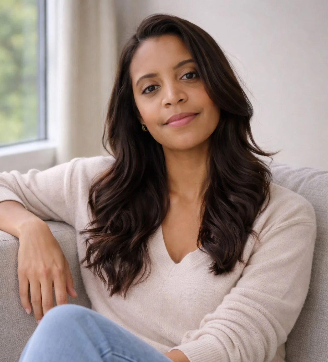 A therapist with long dark hair sitting on a light-colored sofa near a window smiling gently ready to talk to therapy clients about midlife identity and the empty nest.