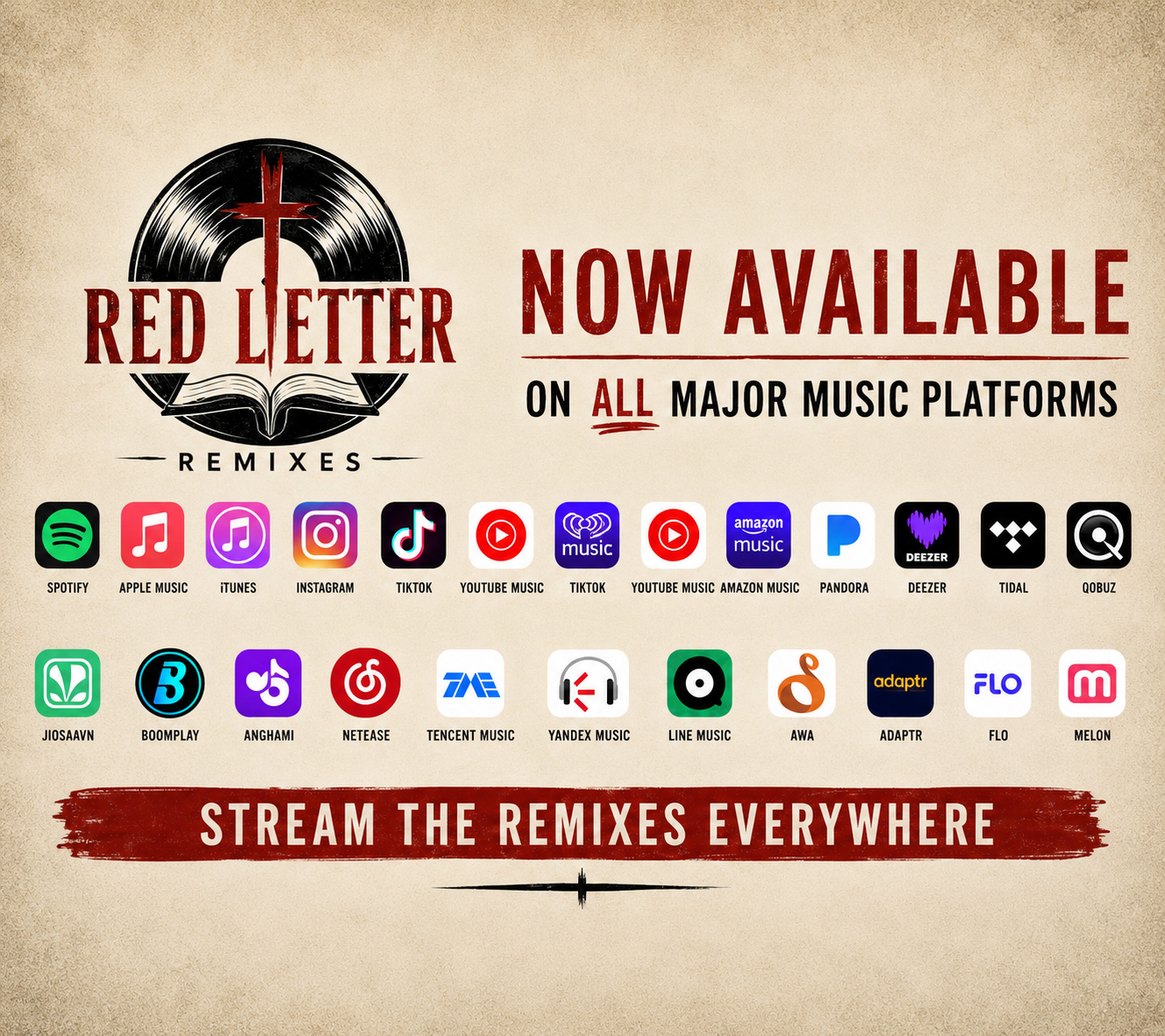 An ad expressing our music now found on all music streaming platforms