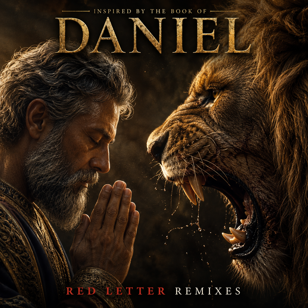 “Daniel-inspired album artwork showing an older man praying face-to-face with a roaring lion, with the title ‘Daniel – Inspired by the Book of Daniel’ and ‘Red Letter Remixes.’”