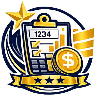 A badge featuring financial elements like a clipboard with numbers, checkmarks, a calculator, a dollar coin, and a stack of coins, decorated with a gold star and two black stars at the bottom.
