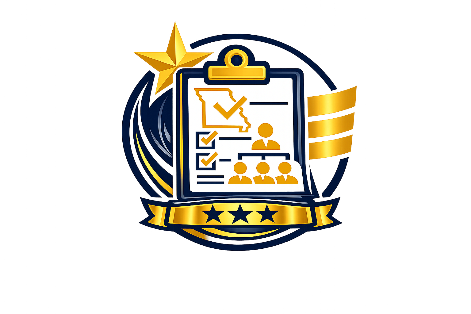 A badge with a clipboard icon featuring checkmarks, a map of California, and a hierarchy diagram, crowned with a gold star and four stars below.