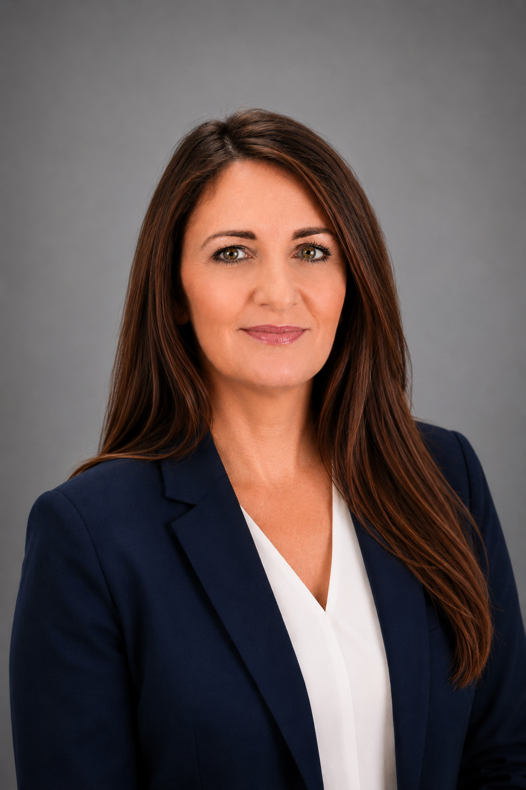 A professional woman with long brown hair, wearing a dark blazer and white top, smiling softly against a gray background.