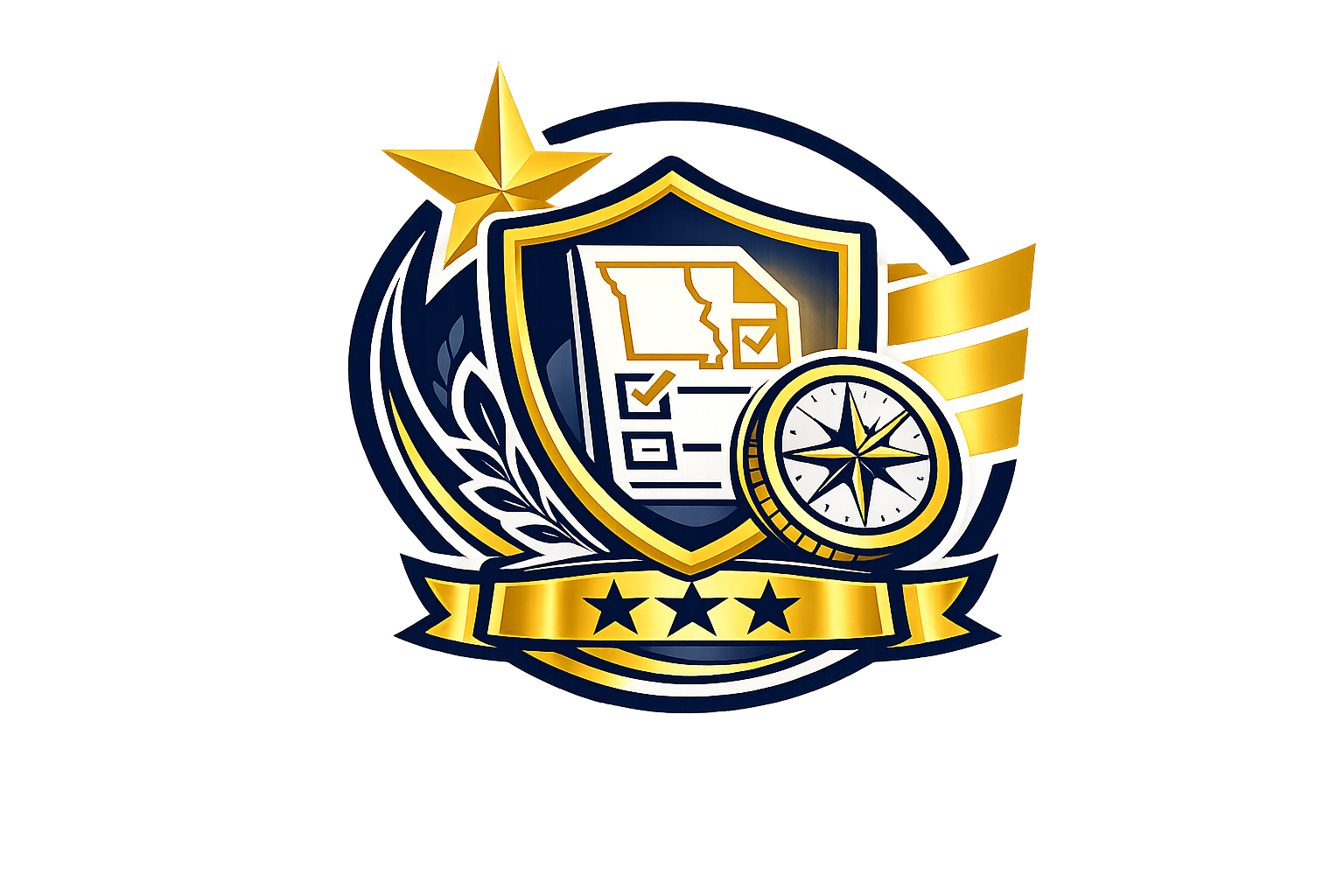A crest or emblem featuring a star, a shield with a map of California and checkmarks, a compass, and a banner with three stars, all in navy blue, gold, and white colors.