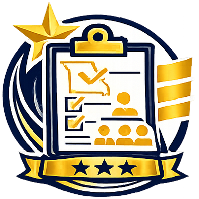 An emblem featuring a clipboard with checkmarks, a person icon, and three group icons, surrounded by a star, three horizontal lines, and a border with three stars at the bottom.