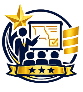 Logo featuring a person in a suit pointing at a presentation board, with a group of people seated in front, stars at the bottom, and a gold ribbon wrapping around the design.