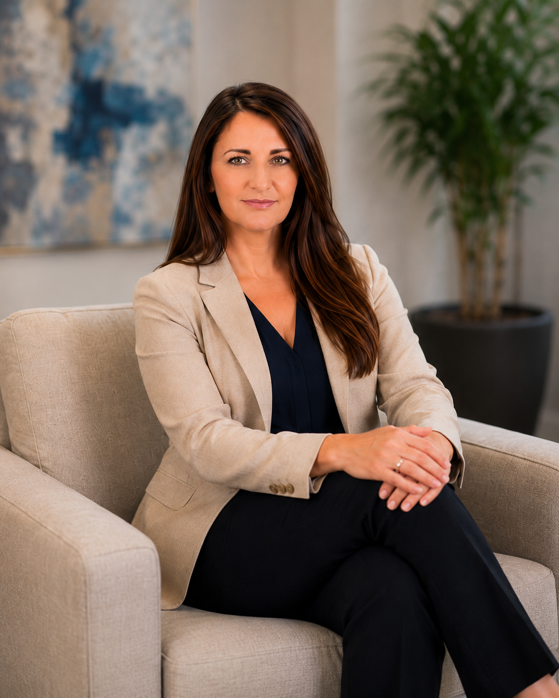 A woman with long brown hair wearing a beige blazer and black pants sitting on a beige couch in a modern office setting with artwork and a potted plant in the background.
