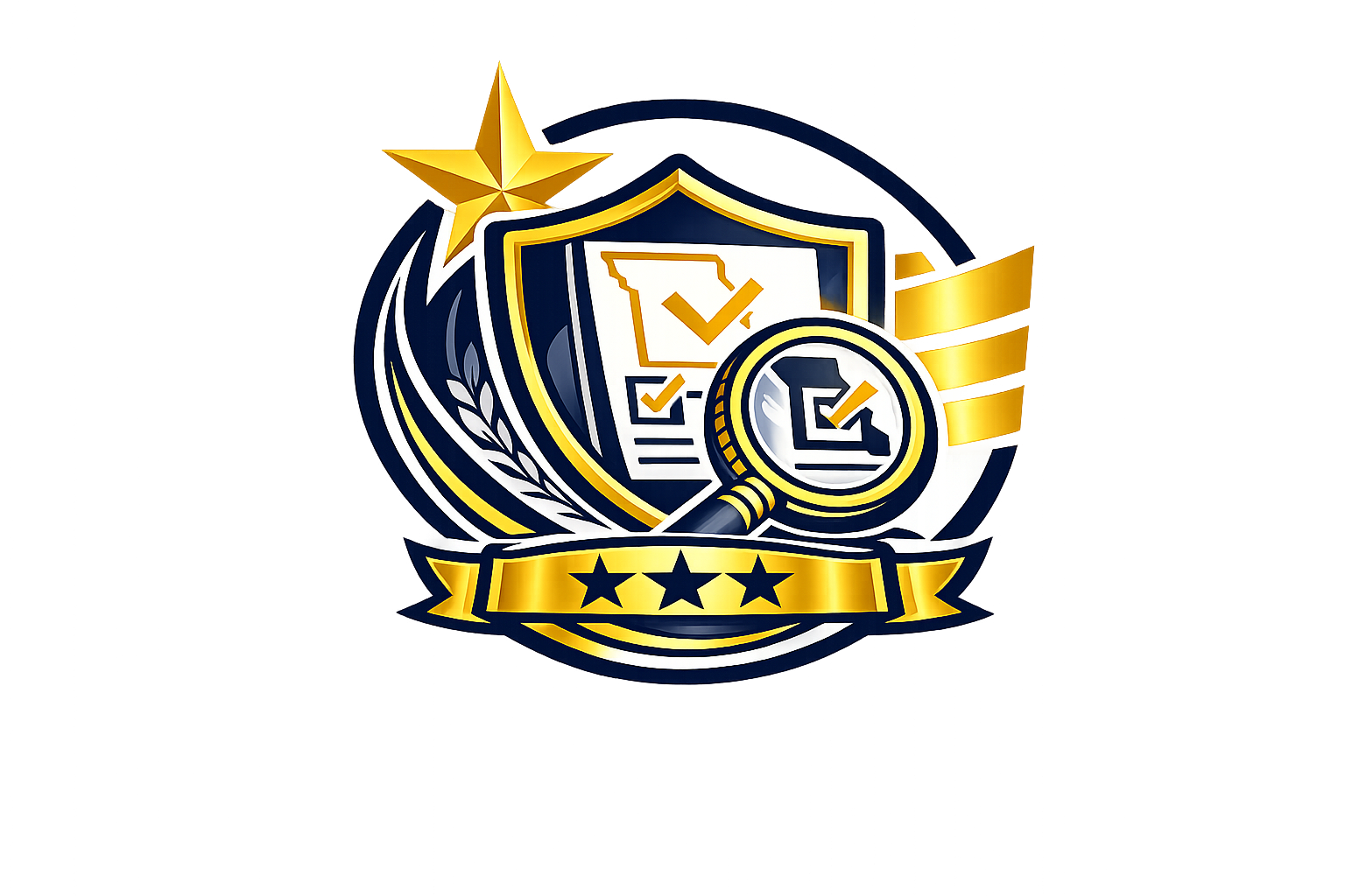 Stylized emblem featuring a shield with check marks, a magnifying glass, a flag outline, three stars on a ribbon, a gold star at the top, and a gear with a checklist inside, set against a dark background with purple and gold elements.