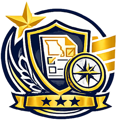 Official badge or emblem featuring a shield, a star, a compass rose, and a banner with three stars, with gold and blue colors.