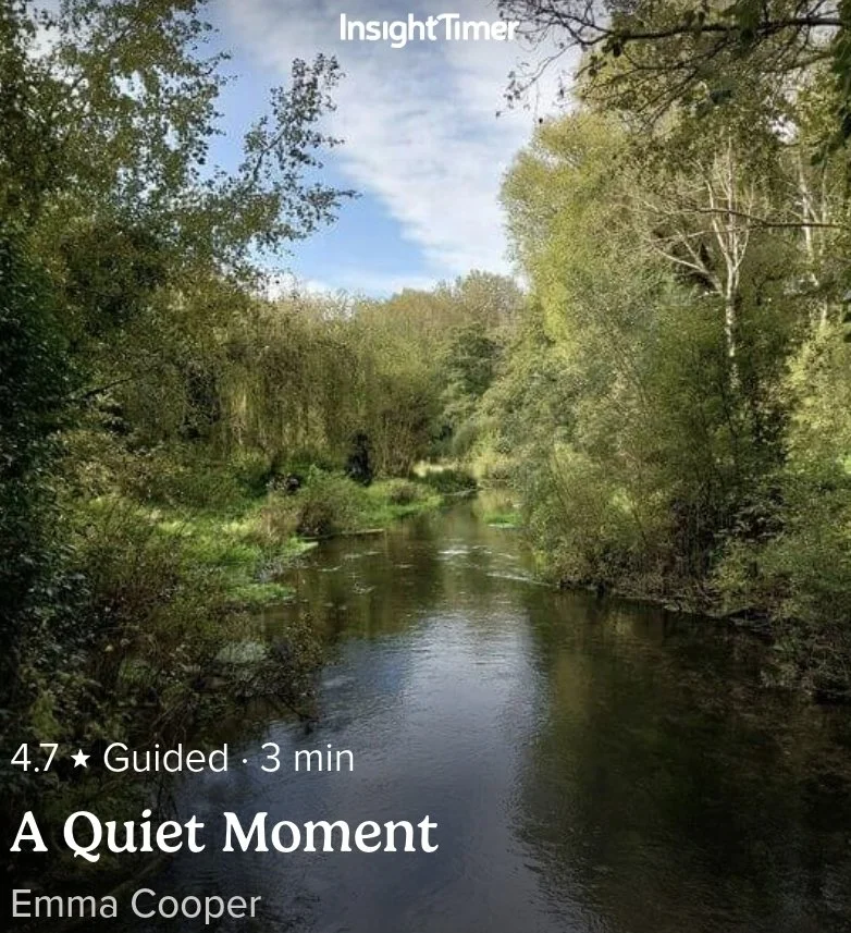 A peaceful river flowing through a lush green forest on a sunny day with blue sky and clouds.