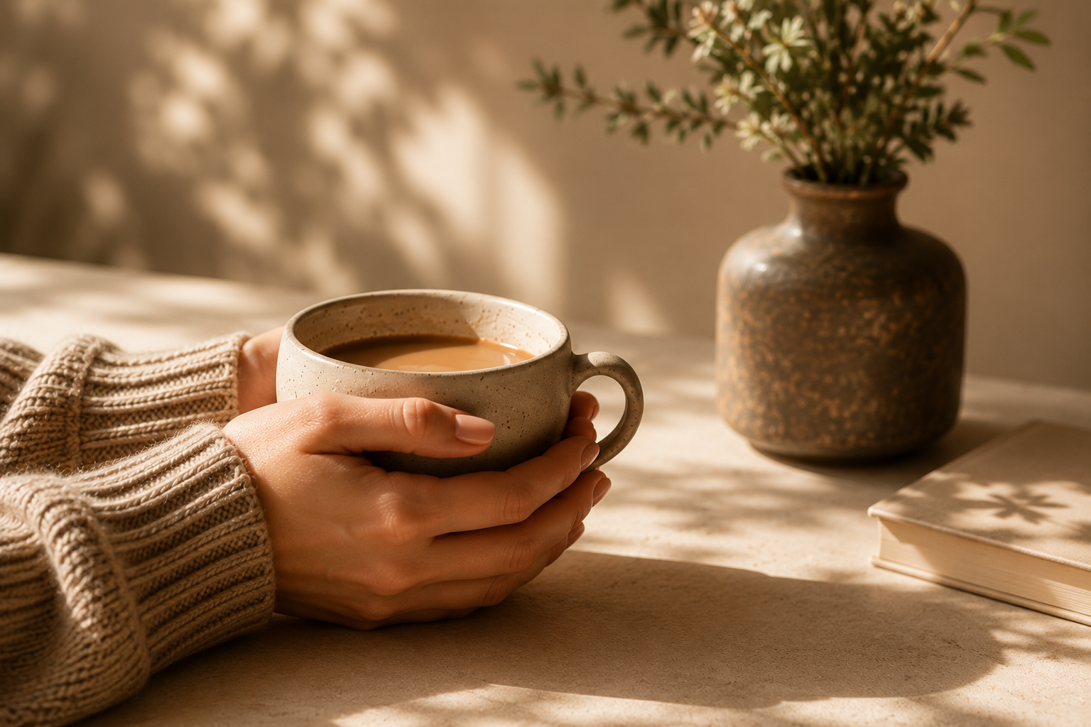 Person holding a beige ceramic mug filled with coffee or tea on a light-colored table. A decorative vase with green foliage and a closed book with a shadow of a plant on it are also on the table. Warm sunlight creates soft shadows.