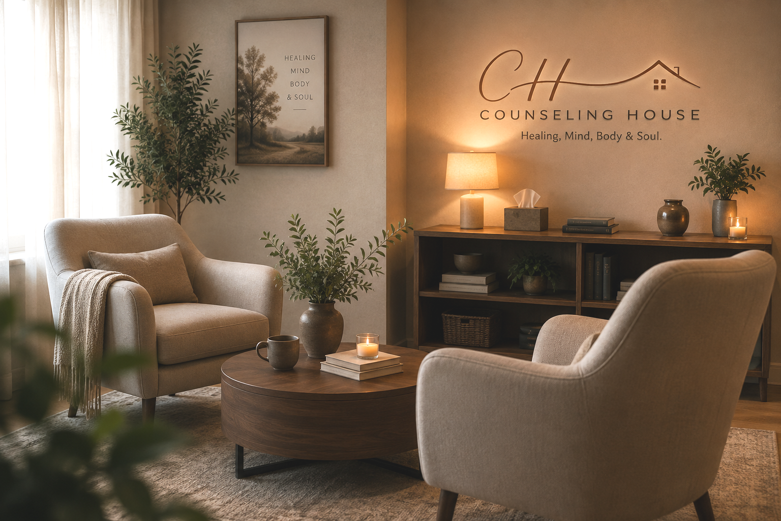 Cozy counseling room featuring two beige armchairs, a round wooden coffee table with candles and books, potted plants, a wooden shelf with decorative items, and a sign on the wall reading 'Counseling House - Healing, Mind, Body & Soul' with a house logo.
