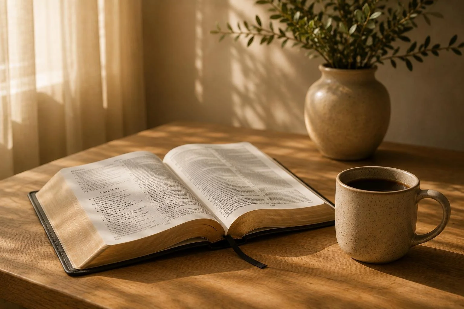 An open Bible, a mug of coffee, and a pot with a plant on a wooden table illuminated by sunlight.