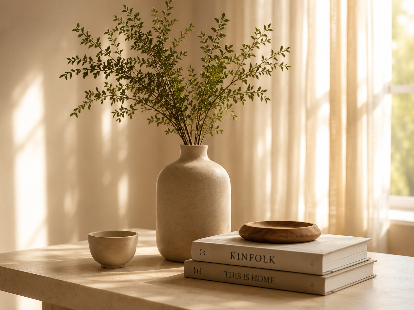 A room with beige curtains allowing sunlight to illuminate a wooden table decorated with a white ceramic vase containing green leafy branches, a small ceramic bowl, a wooden bowl, and two stacked books titled 'Kinfolk' and 'This Is Home'.