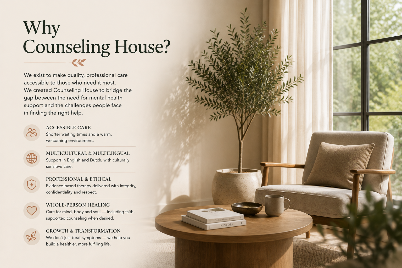 A flyer for Counseling House with a cozy waiting room featuring a beige armchair with a pillow, a round wooden coffee table with books, a ceramic cup, and a black bowl, a large potted plant, and a large window with curtains letting in natural light.