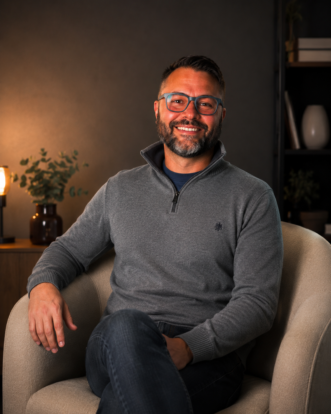 A smiling man with glasses and a beard, sitting on a beige armchair in a cozy room with warm lighting, a dark wall, and decorative plants and vases in the background.