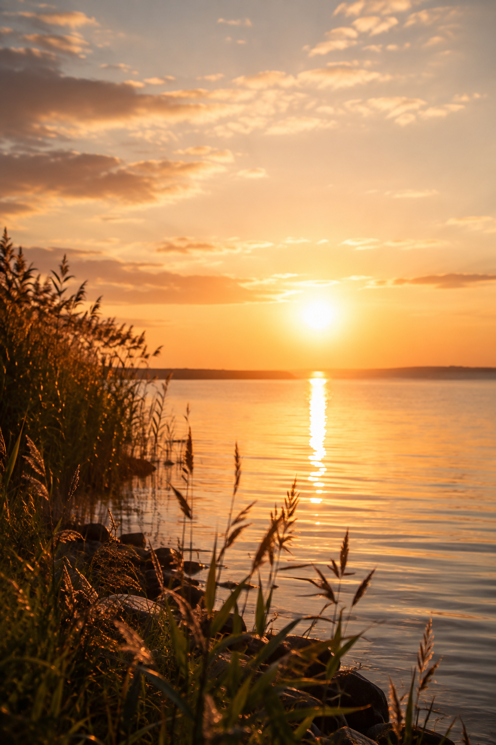 Sunset over a lake with orange and pink hues, surrounded by tall grass and rocks along the shoreline.