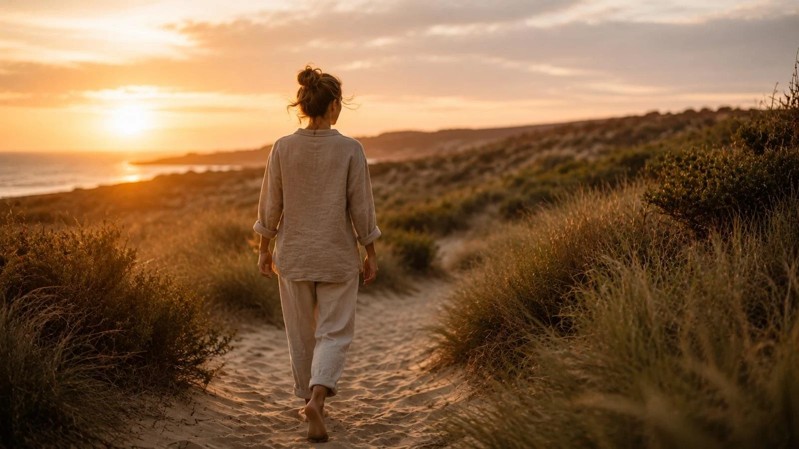 Person walking barefoot on a sandy trail through beach dunes at sunset, with ocean and sky in background.