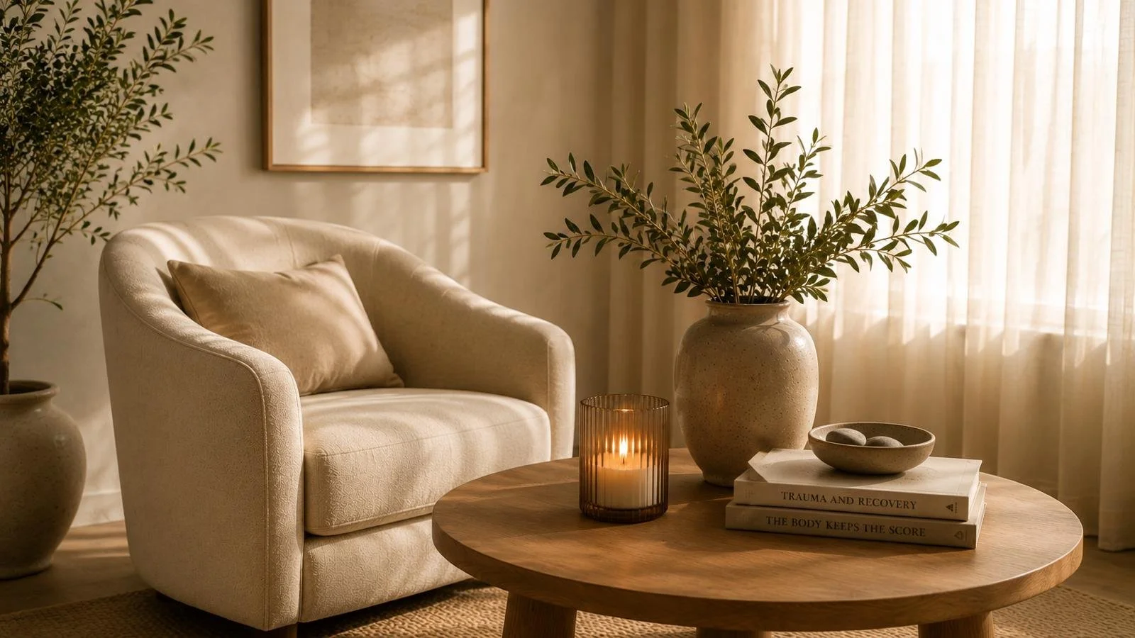 A cozy living room with a cream-colored armchair, a wooden coffee table, a large vase with green leafy branches, a candle, and a stack of books near sheer curtains.