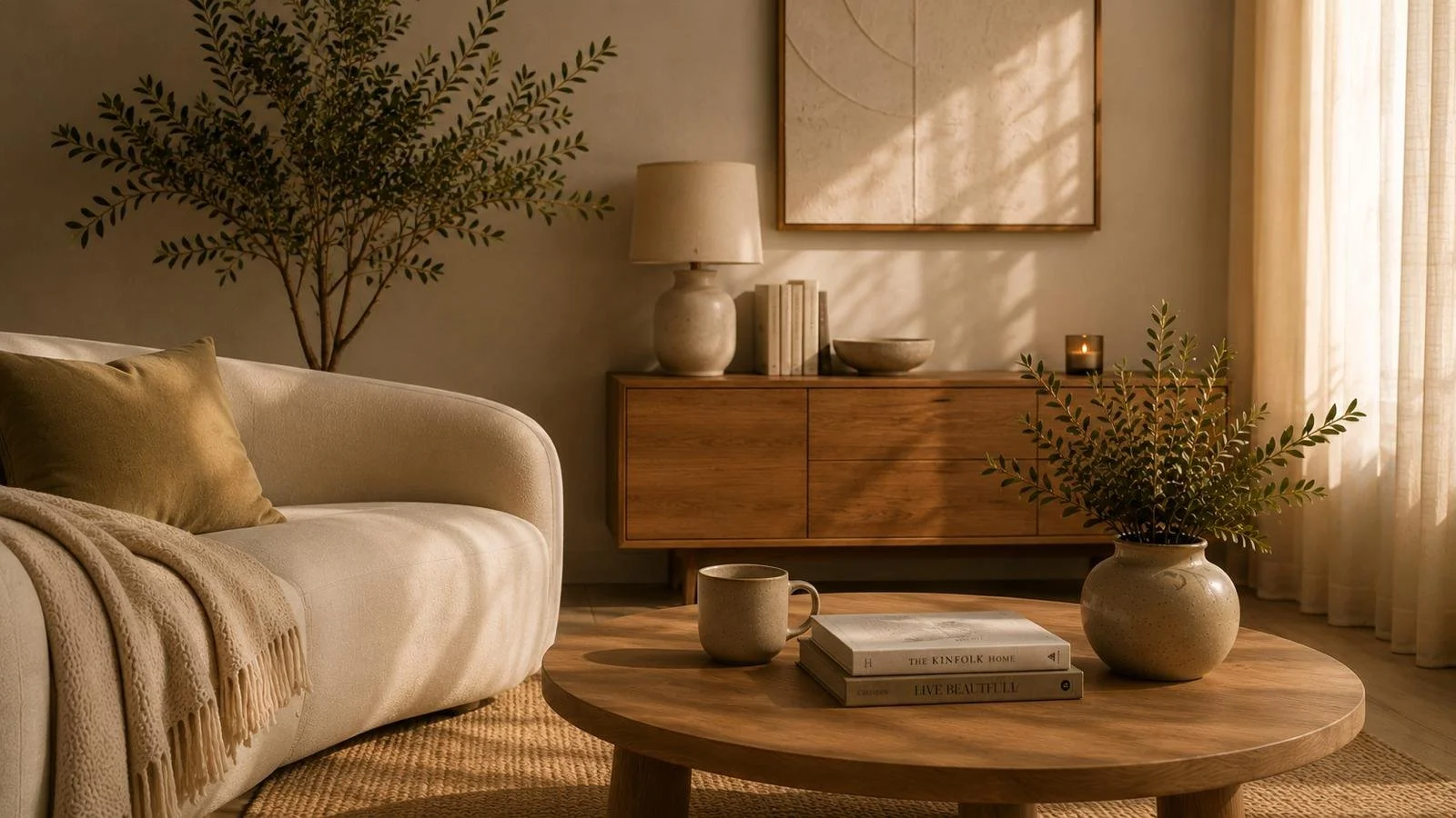 Living room with beige sofa, round wooden coffee table, potted plant, books, and a wooden sideboard with a table lamp and decorative bowls, illuminated by natural sunlight.