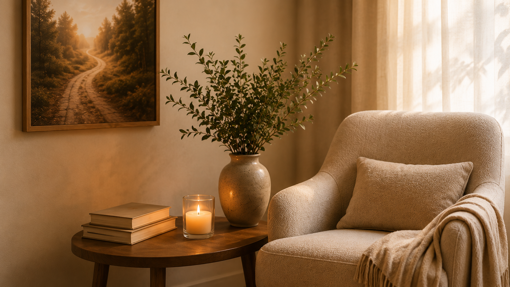 A cozy living room corner with a beige armchair, a matching pillow and throw blanket, a round wooden side table with a lit candle, a stack of books, a large vase with greenery, and a framed nature landscape photo on the wall. Sunlight filters through sheer curtains.