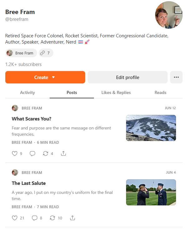 Screenshot of Bree Fram's social media profile showing her profile picture and recent posts about personal topics.
