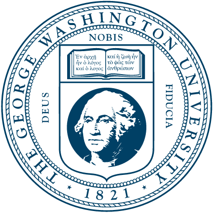 Seal of George Washington University featuring a portrait of George Washington, Greek inscription, and the university's founding year 1821.