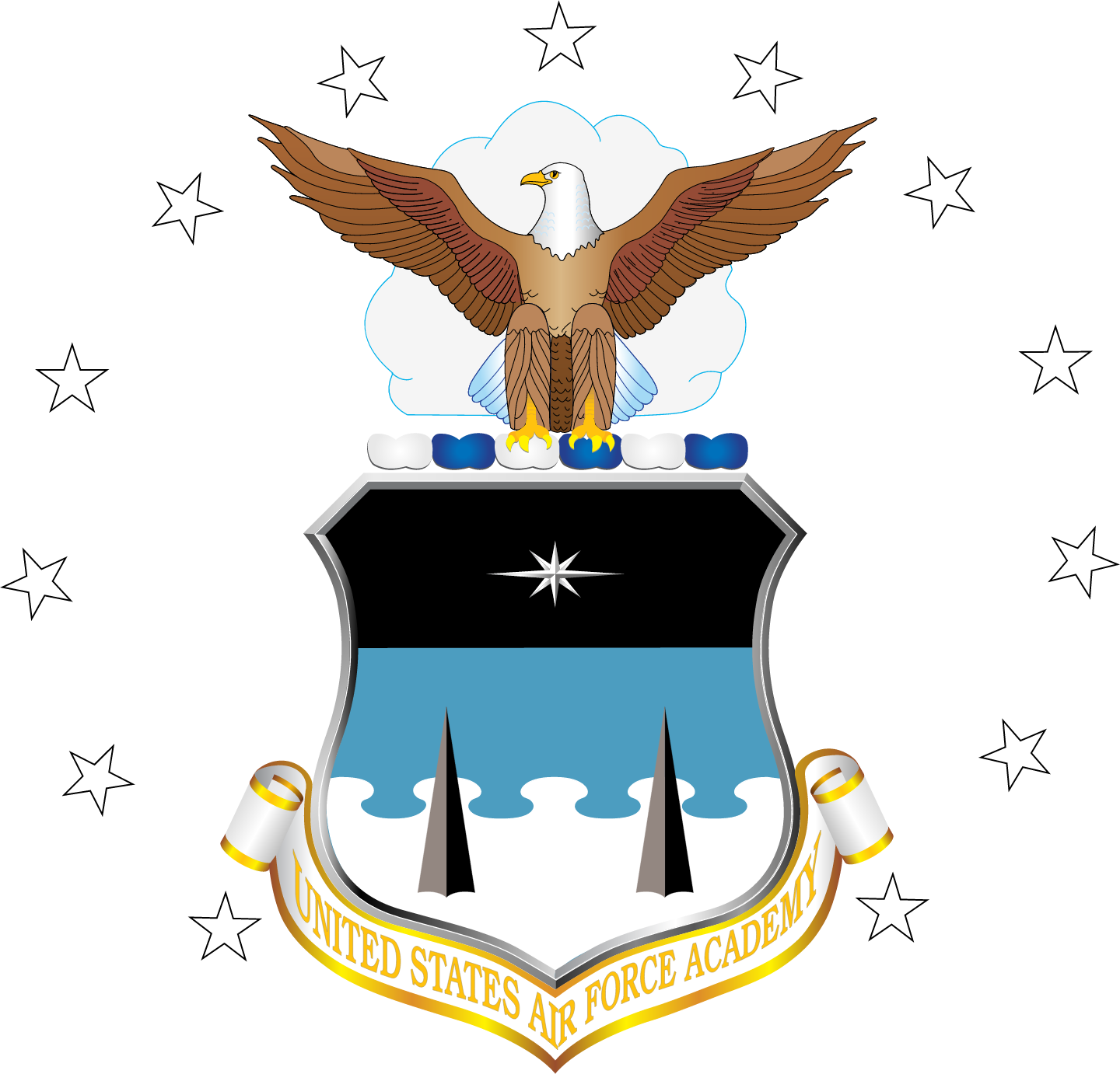 U.S. Air Force Academy emblem with an eagle, shield, and stars.